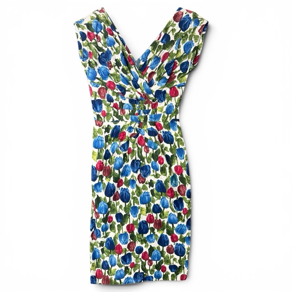 Vintage 50s Novelty Print Tulip Wiggle Dress Cotton Blue Red Small